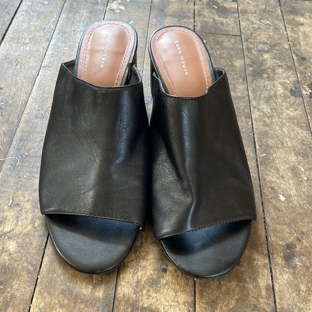 Zara black leather mule heeled sandals